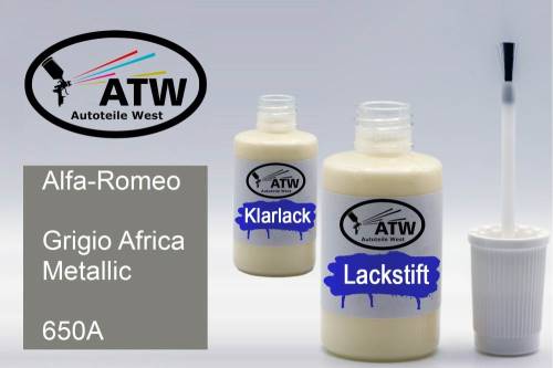 Alfa-Romeo, Grigio Africa Metallic, 650A: 20ml Lackstift + 20ml Klarlack - Set, von ATW Autoteile West.